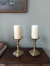 Load image into Gallery viewer, Pair of antique brass candlestick holders
