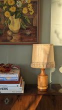Load image into Gallery viewer, Mid Century Teak Table Lamp and Woven Frilly Shade