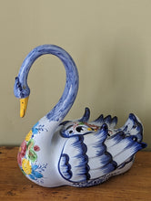 Load image into Gallery viewer, large colourful ceramic swan planter on bench