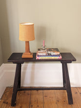 Load image into Gallery viewer, rustic bench stool with lamp candle and books