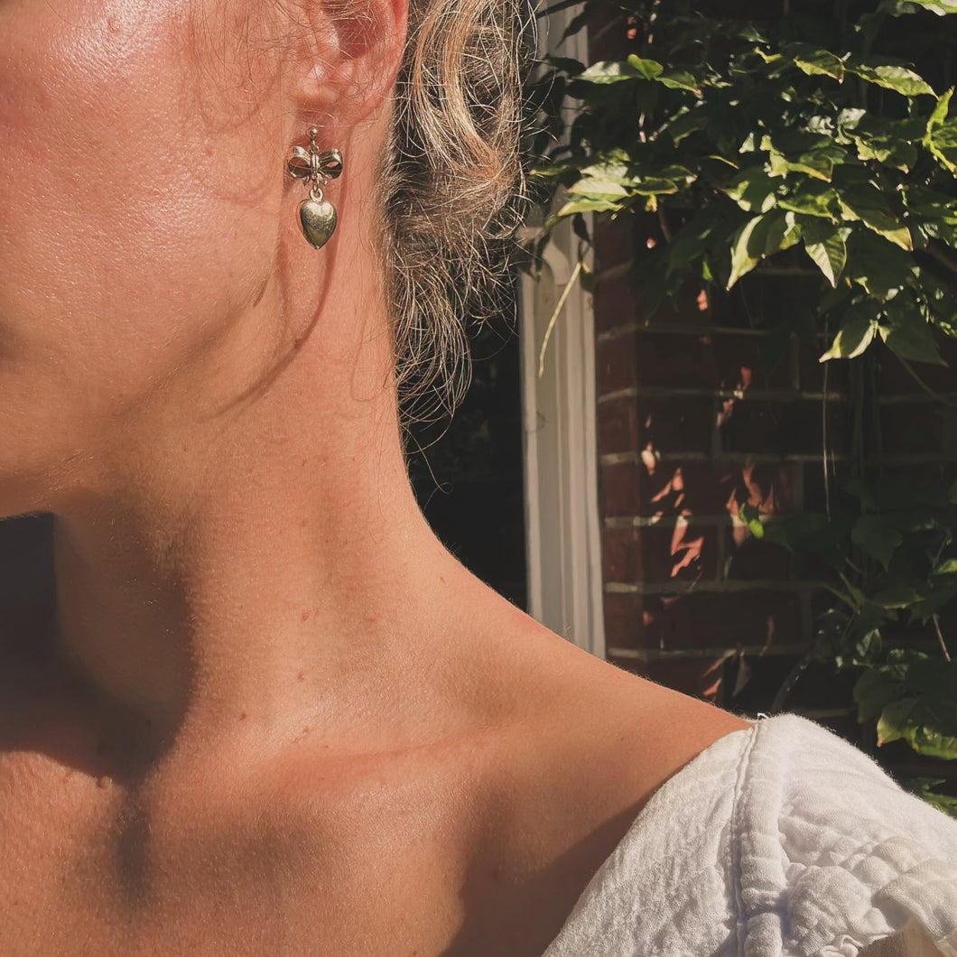Vintage 9ct Gold Heart and Bow Drop Earrings