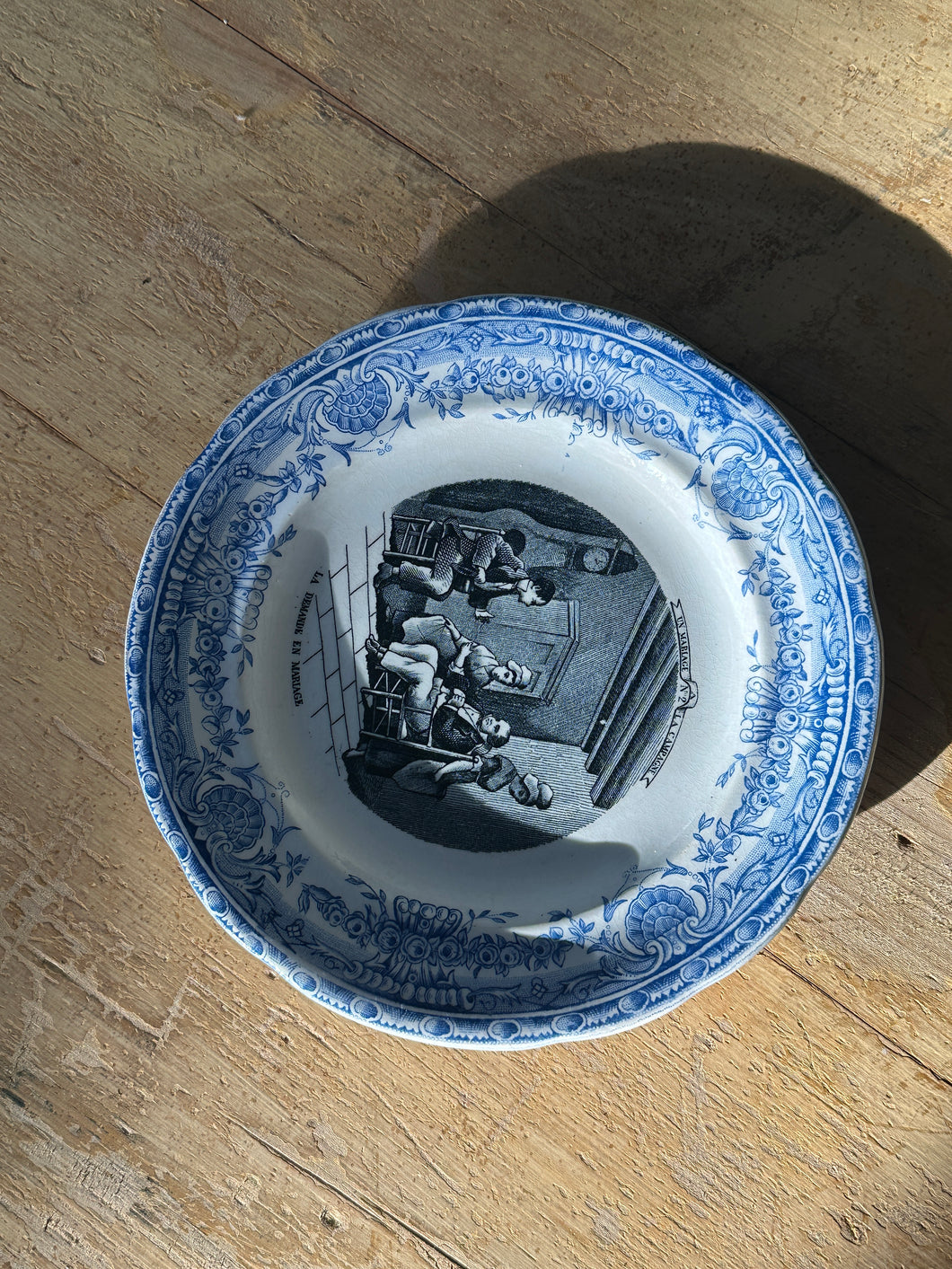 Small Antique French Marriage Proposal Plate with Blue Edges