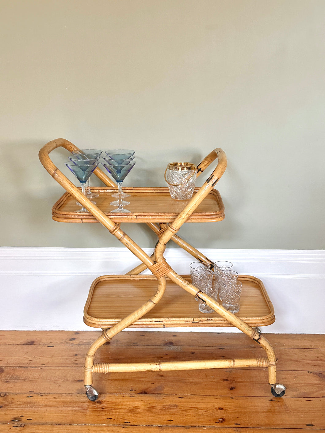 Vintage Mid-Century Bamboo Cocktail Trolley
