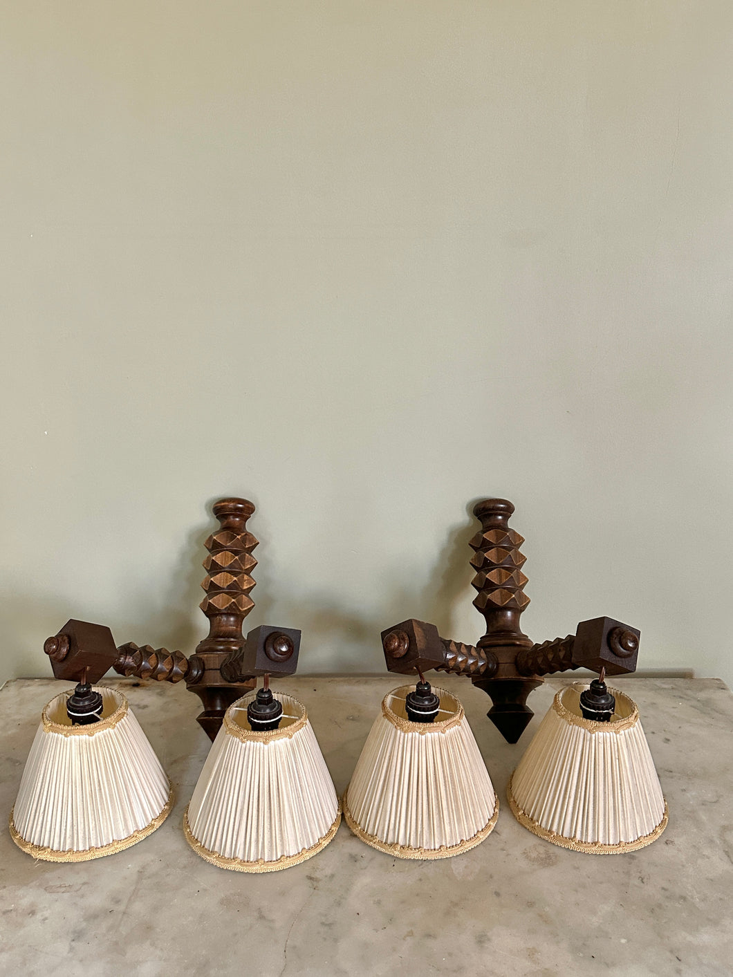 Pair of French Wooden Mid Century Wall Lights Attributed to Charles Dudouyt