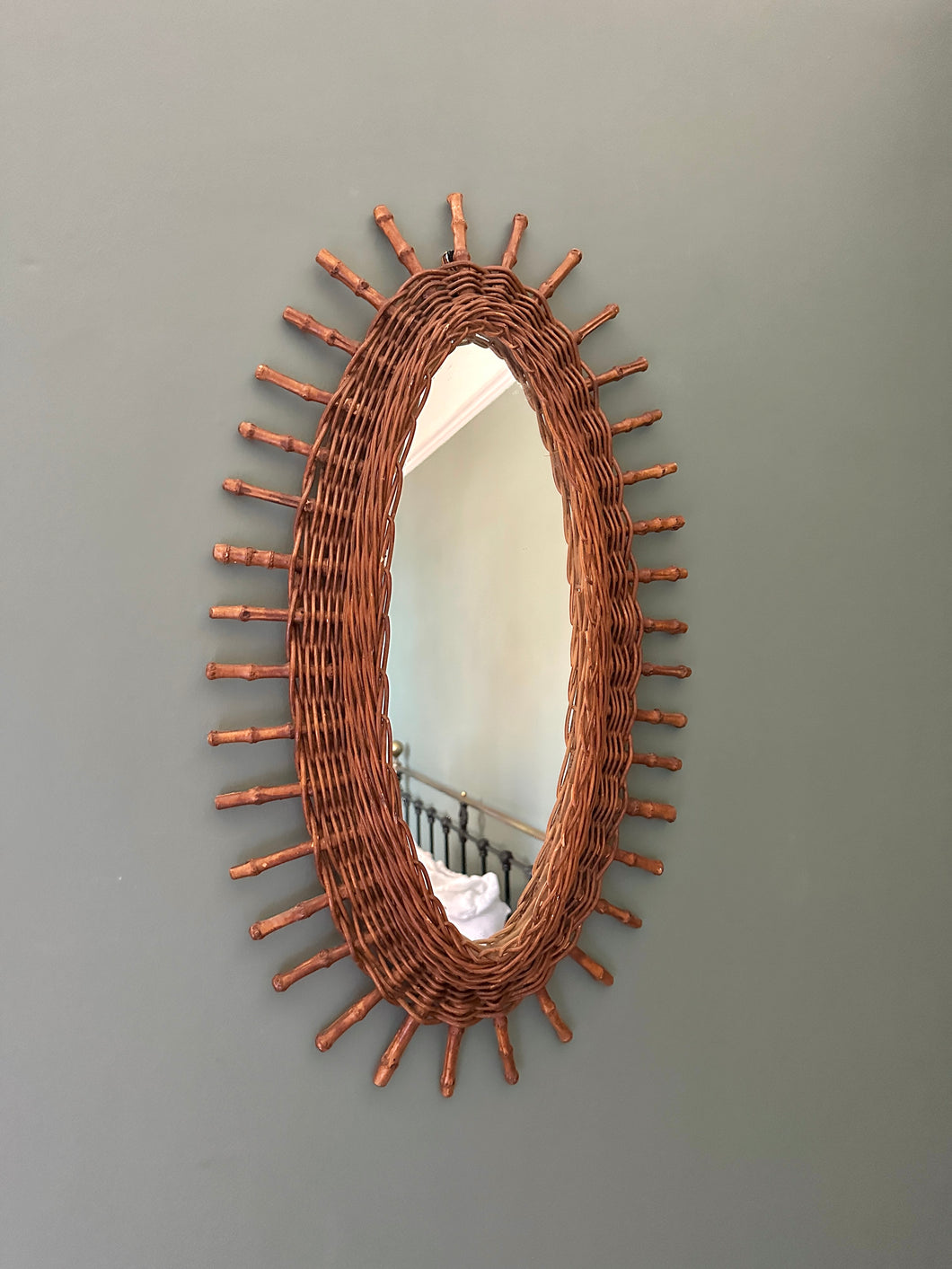 Vintage 1970s French Rattan Bamboo Oval Mirror