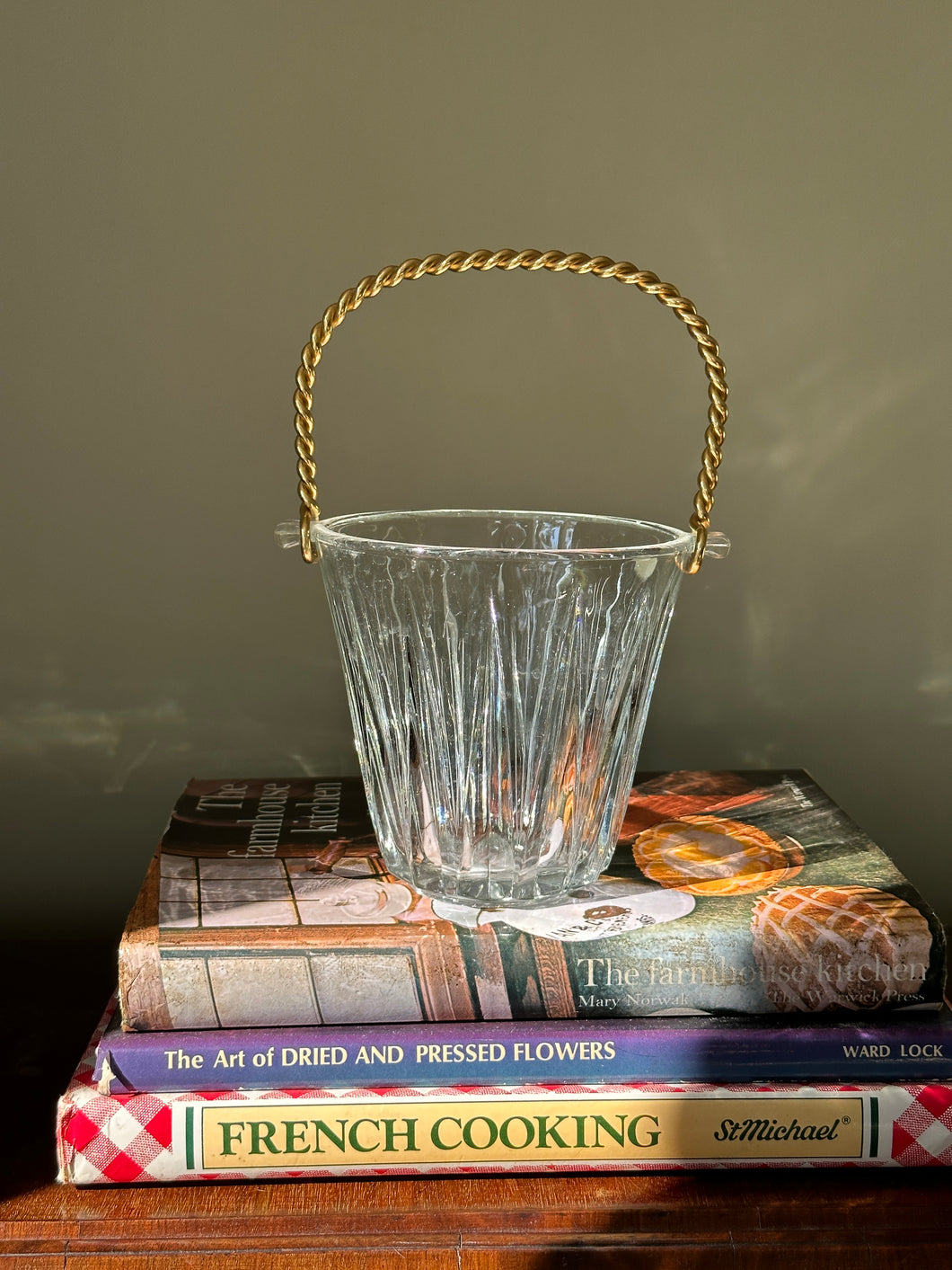 Vintage French Cut Crystal Ice Bucket With Twisted Rope Gold Handle
