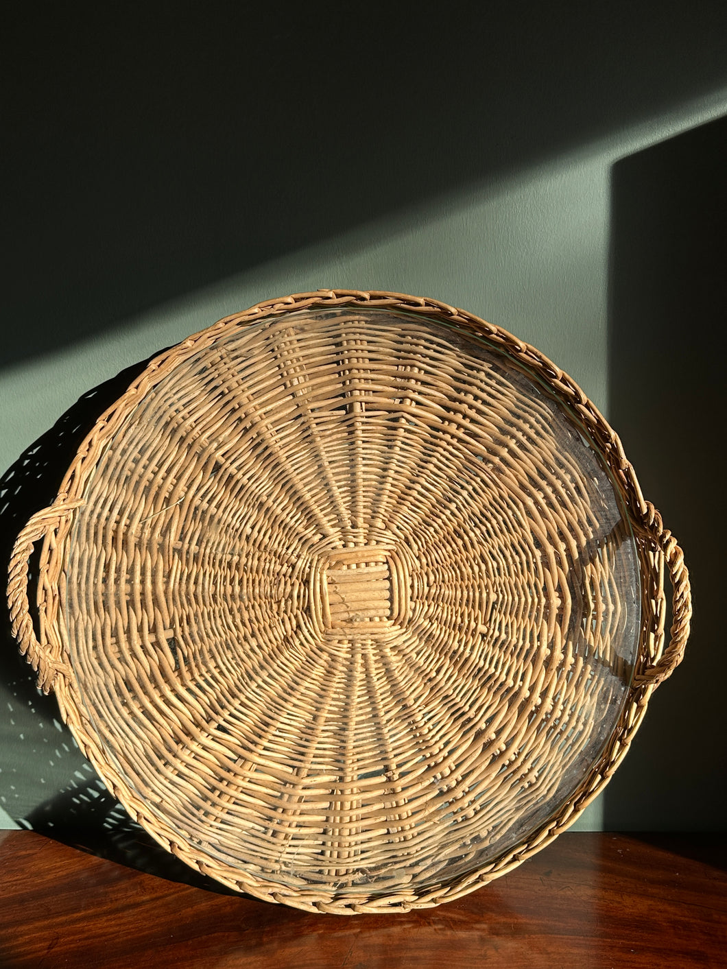 Large French Wicker Glass Serving Tray