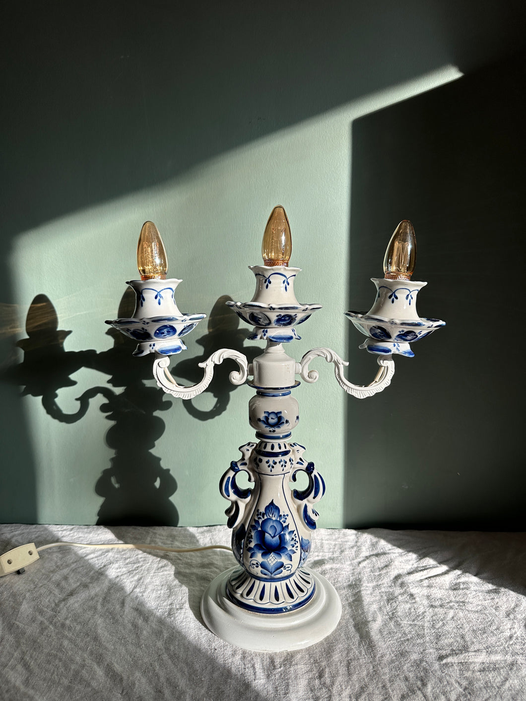 Ceramic Russian Delft Candelabra Style Table Lamp