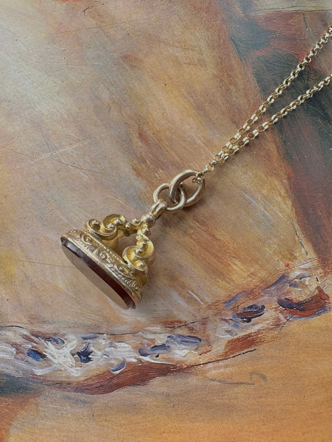 Antique Gold Carnelian Gemstone Fob Necklace on Vintage Gold Belcher Chain