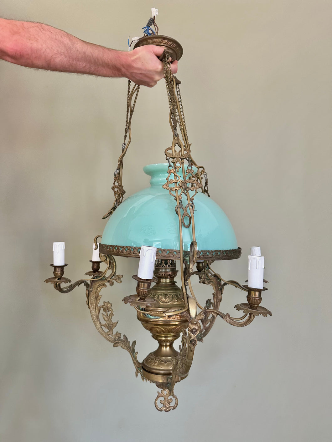18th Century Antique French Bronze and Opal Glass Chandelier