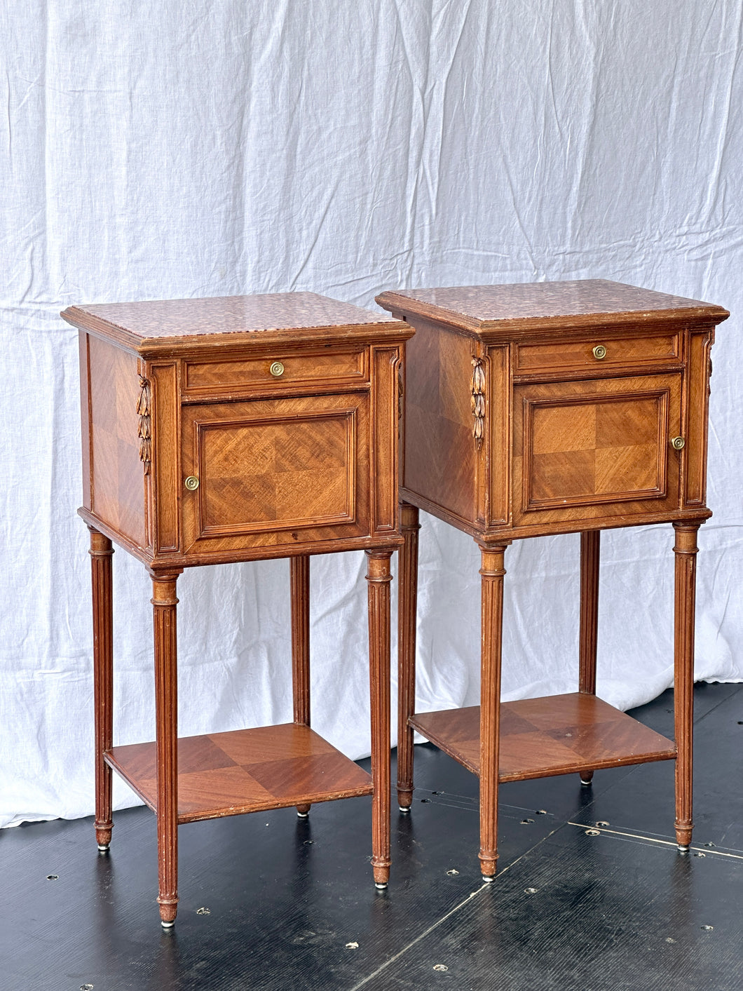 Pair of Antique French Marble Topped Bedside Tables