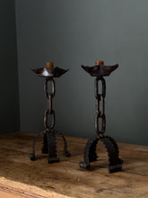 Load image into Gallery viewer, French Brutalist Pair of Candlestick Holders in Black Iron
