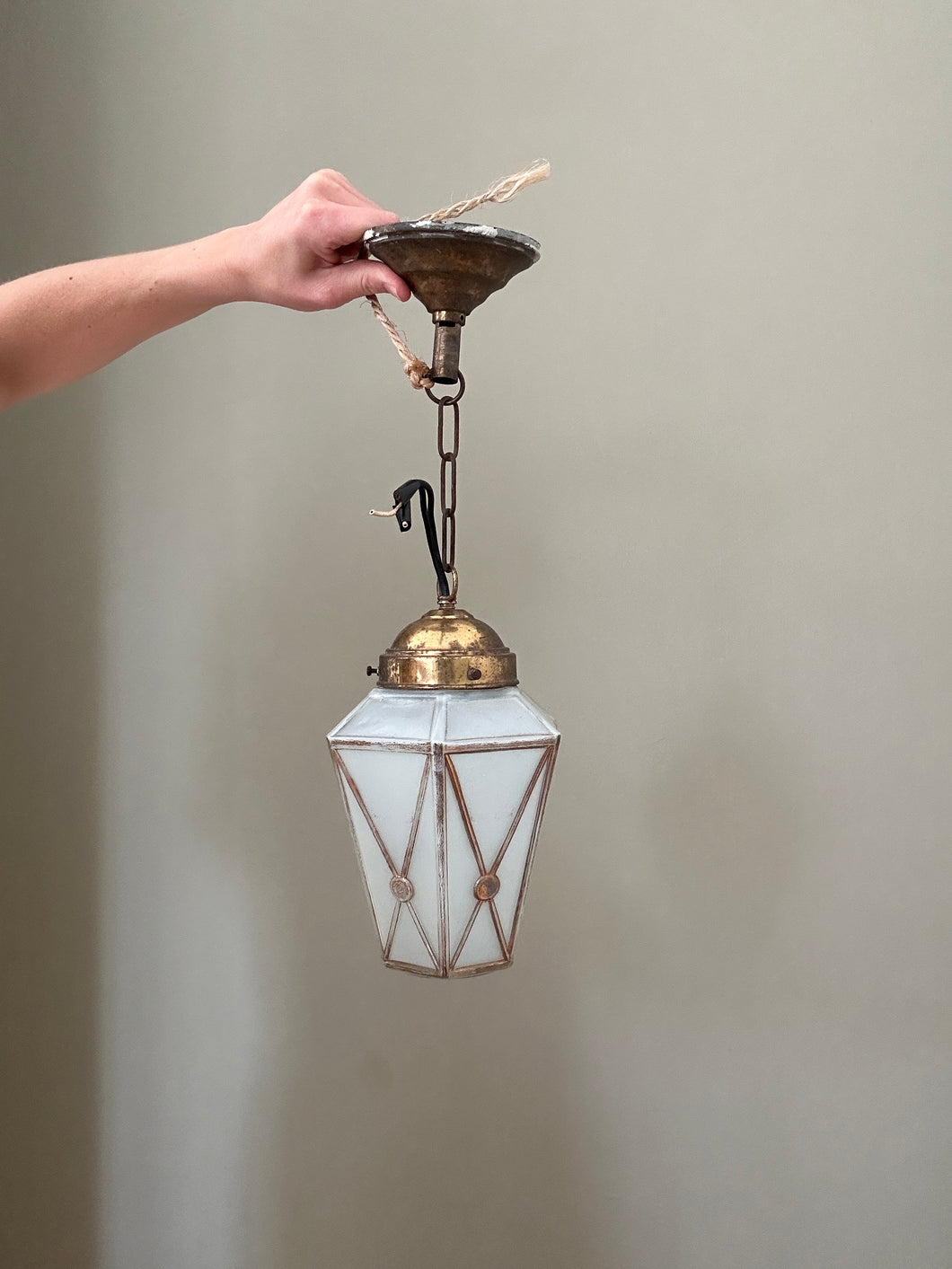 Rare Vintage Blue Frosted French Lantern Glass Ceiling Light