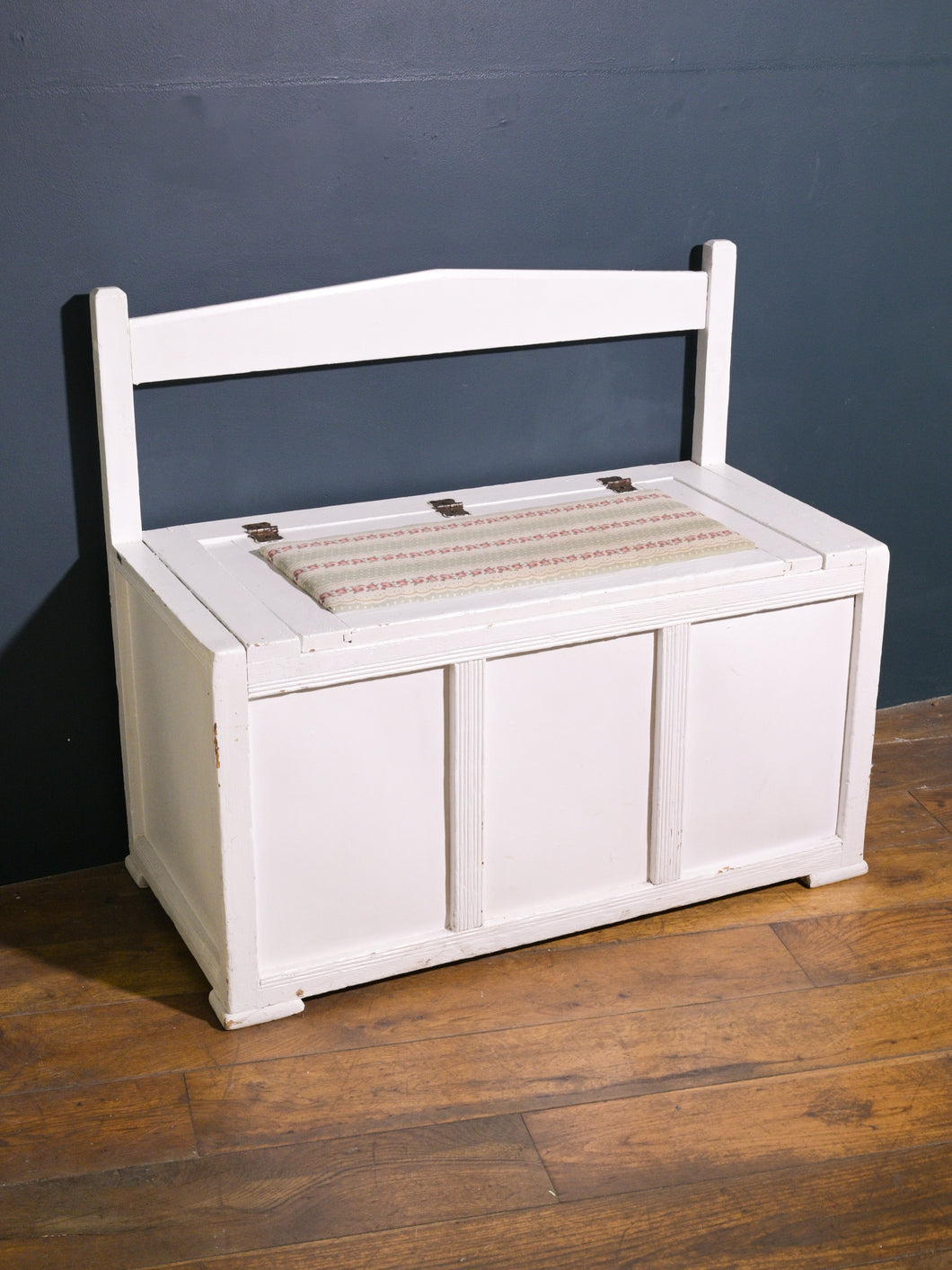 Antique White Painted Pine Storage Bench Seat With Floral Cushion Seat