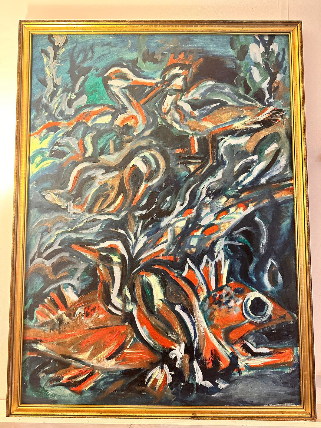 Large 80s Abstract Painting of Fish and Birds