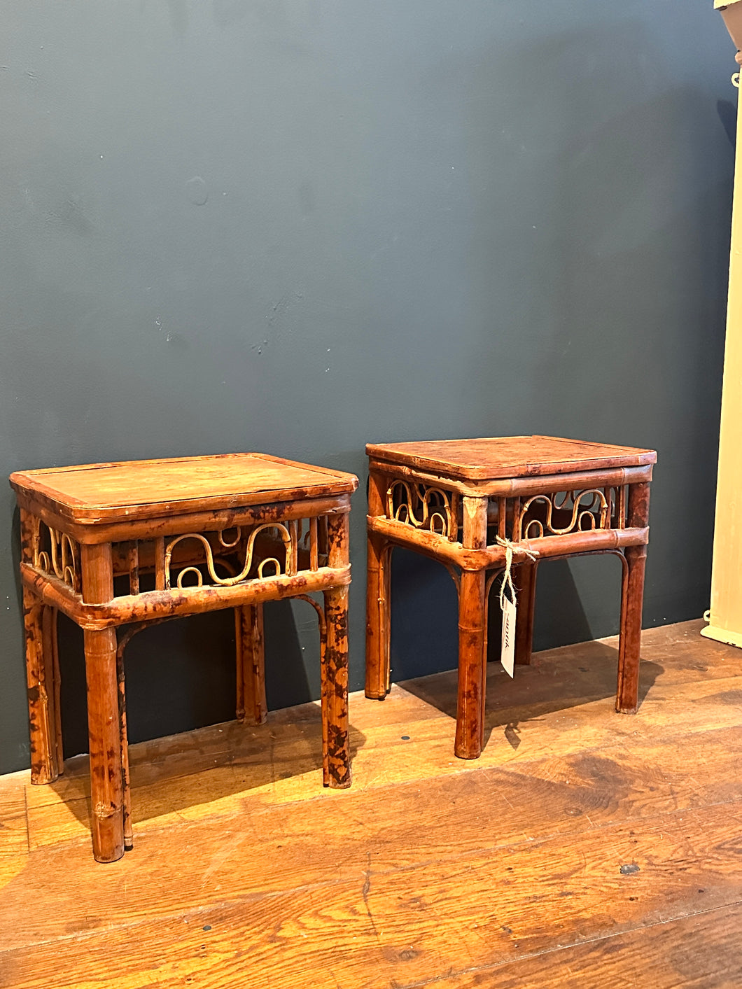 Pair of Antique Tiger Bamboo Plant Stand Stool Tables