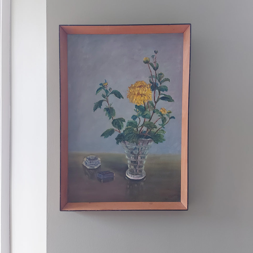 Large Vintage Oil Painting With Yellow Flowers