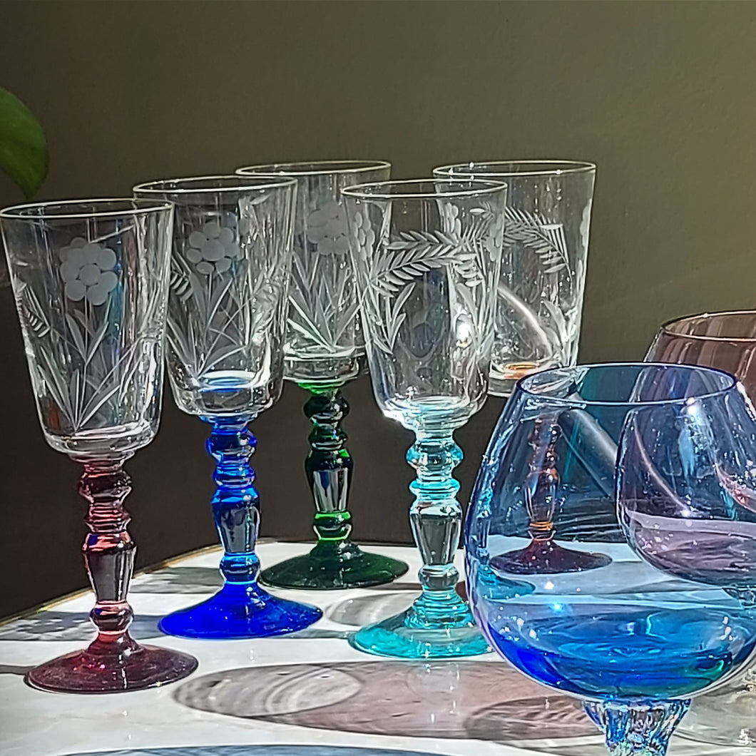 Set of Five 1950s Colourful Etched Sherry Glasses
