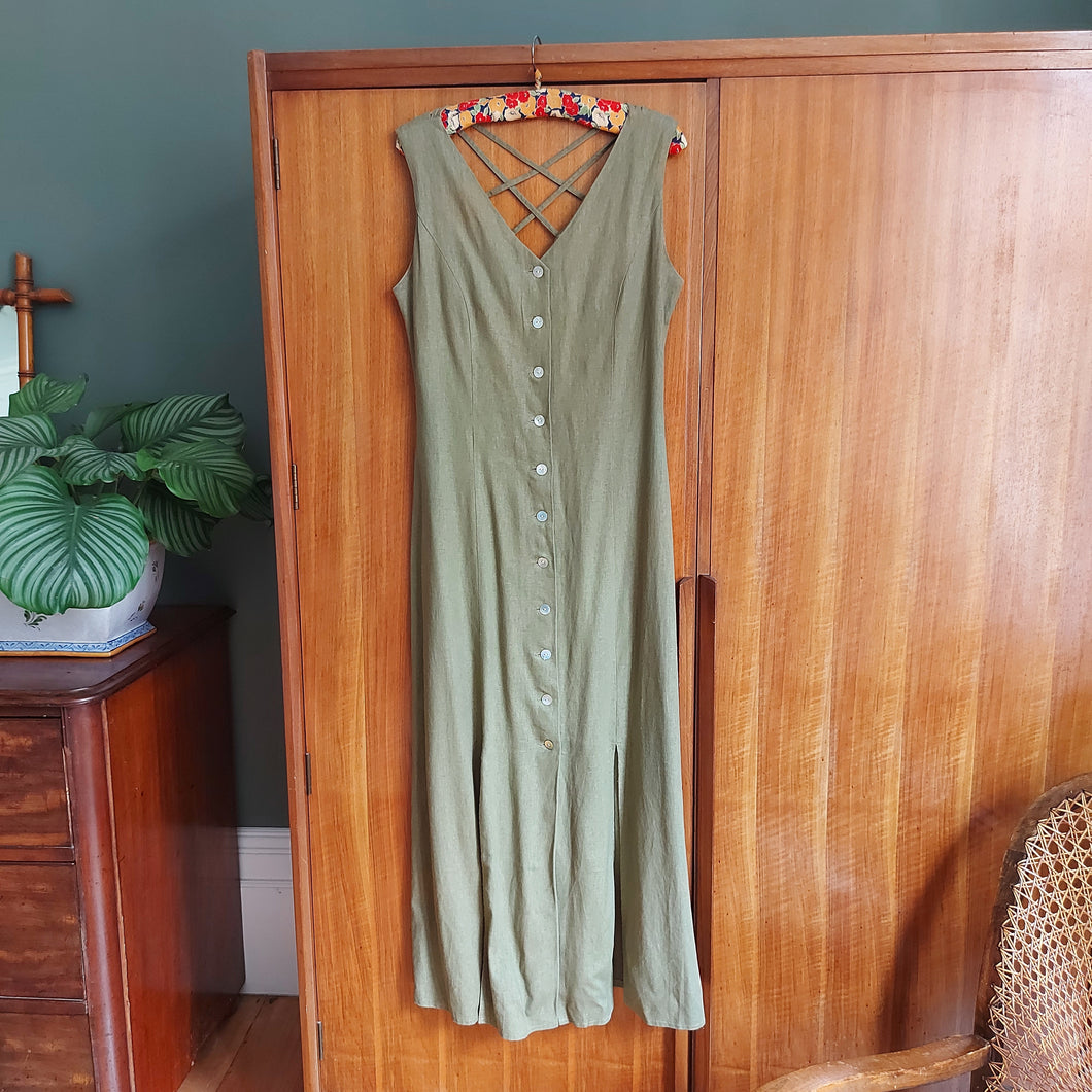 Olive Green Linen Button Down Midi Dress