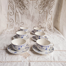 Load image into Gallery viewer, Set of six Mason&#39;s Denmark Made in England tea cups and saucers blue white
