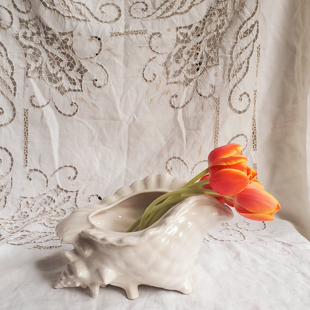  Vintage white ceramic conch shell planter