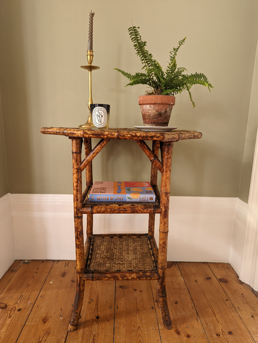 Antique Victorian 3 tier bamboo side table with octagonal table top
