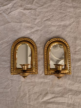 Load image into Gallery viewer, Pair of small mirrored brass wall sconces
