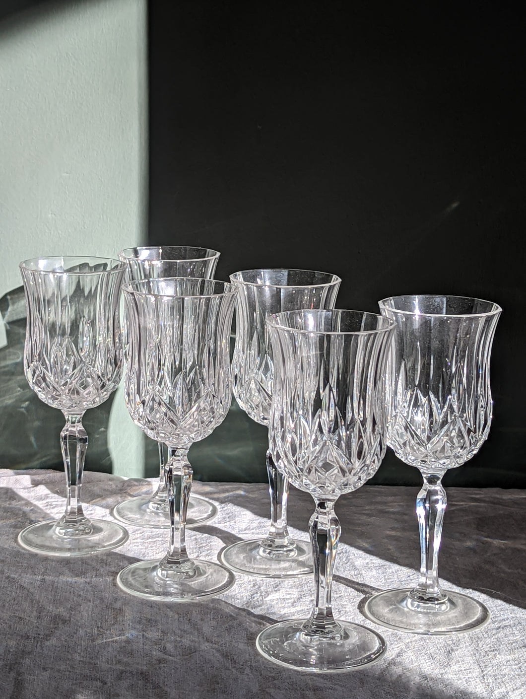 Set of six large crystal wine glasses