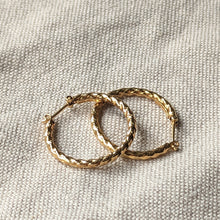 Load image into Gallery viewer, vintage 9ct gold 80s hoops on linen

