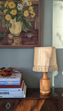 Load image into Gallery viewer, Mid Century Teak Table Lamp and Woven Frilly Shade
