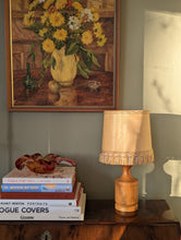 Load image into Gallery viewer, Mid Century Teak Table Lamp and Woven Frilly Shade
