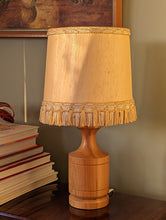 Load image into Gallery viewer, Mid Century Teak Table Lamp and Woven Frilly Shade
