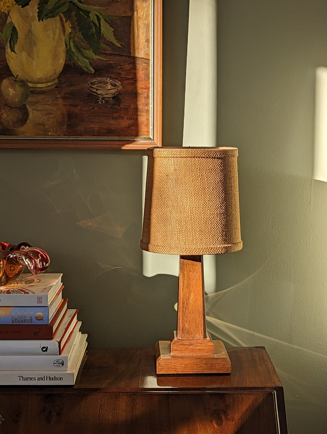 Mid Century Teak Table Lamp and Rattan Shade
