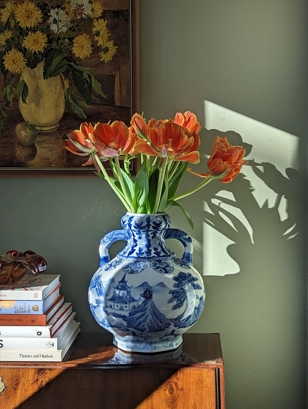 blue and white oriental trophy style vase