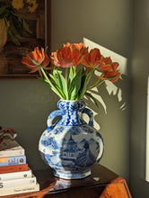 Load image into Gallery viewer, blue and white oriental trophy style vase
