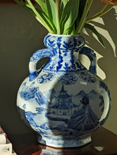 Load image into Gallery viewer, blue and white oriental trophy style vase
