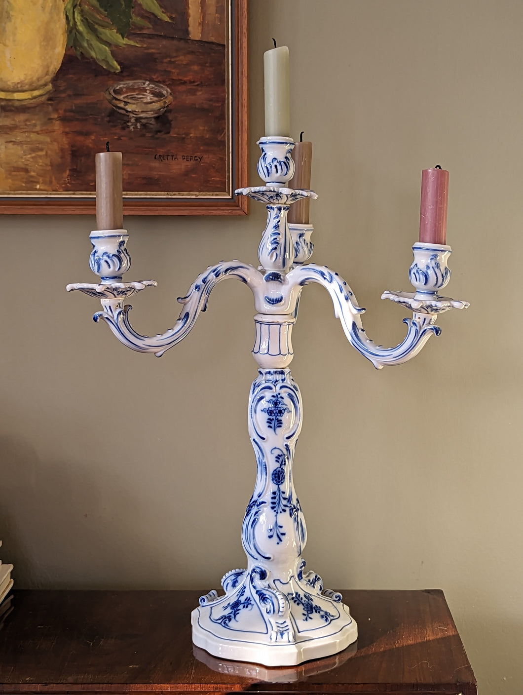 blue and white candleabra