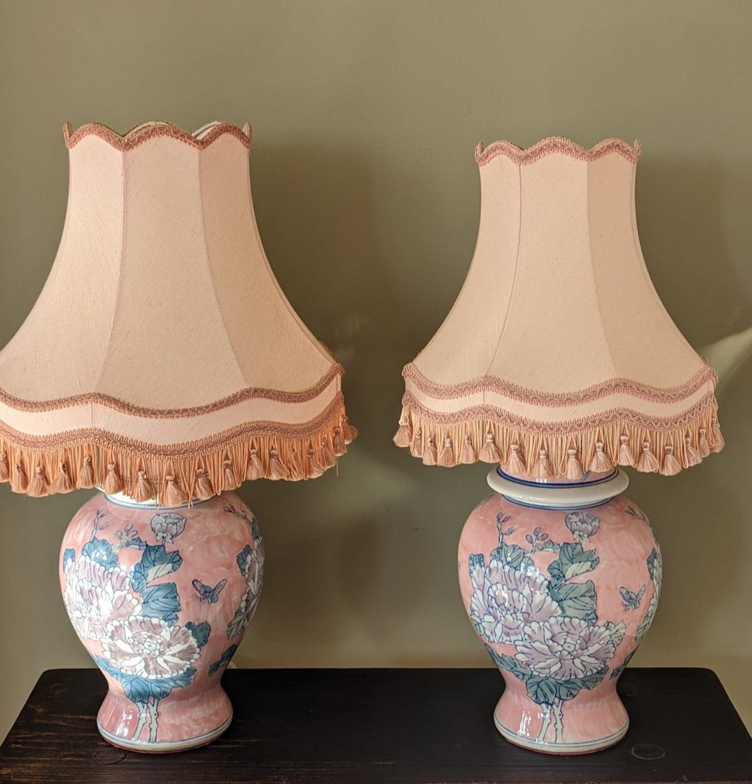 pair of pink floral ginger jar lamps