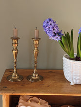 Load image into Gallery viewer, Antique Victorian Etched Brass Candlestick Holders
