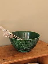 Load image into Gallery viewer, green majolica bowl with serving tongs on wooden shelf
