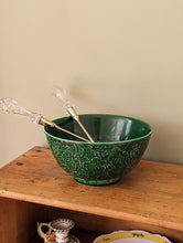 Load image into Gallery viewer, green majolica bowl with serving tongs on wooden shelf
