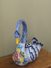 Load image into Gallery viewer, large colourful ceramic swan planter on bench
