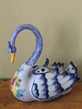 Load image into Gallery viewer, large colourful ceramic swan planter on bench

