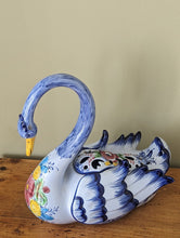 Load image into Gallery viewer, large colourful ceramic swan planter on bench
