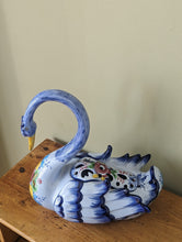 Load image into Gallery viewer, large colourful ceramic swan planter on bench
