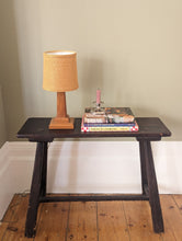 Load image into Gallery viewer, rustic bench stool with lamp candle and books
