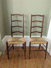 Load image into Gallery viewer, pair of Rustic Rush Seated Oak Ladder Back Dining Kitchen Chairs
