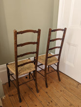 Load image into Gallery viewer, pair of Rustic Rush Seated Oak Ladder Back Dining Kitchen Chairs

