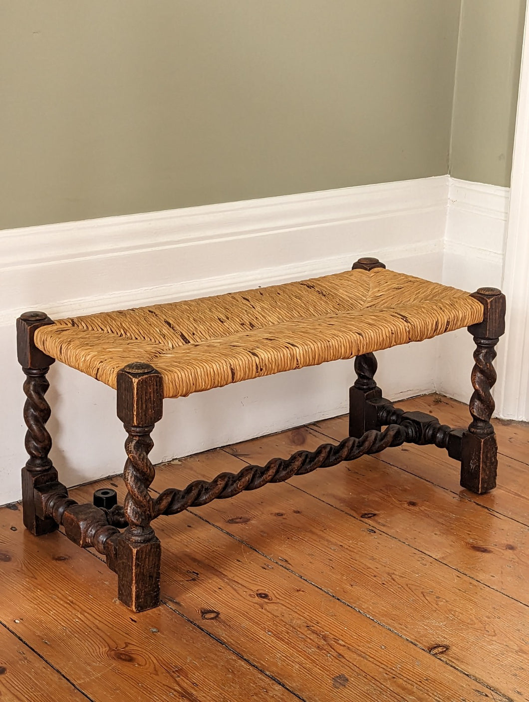 Antique Woven Rush and Oak Barley Twist Bench Stool