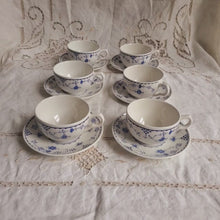Load and play video in Gallery viewer, Set of six Mason&#39;s Denmark Made in England tea cups and saucers blue white
